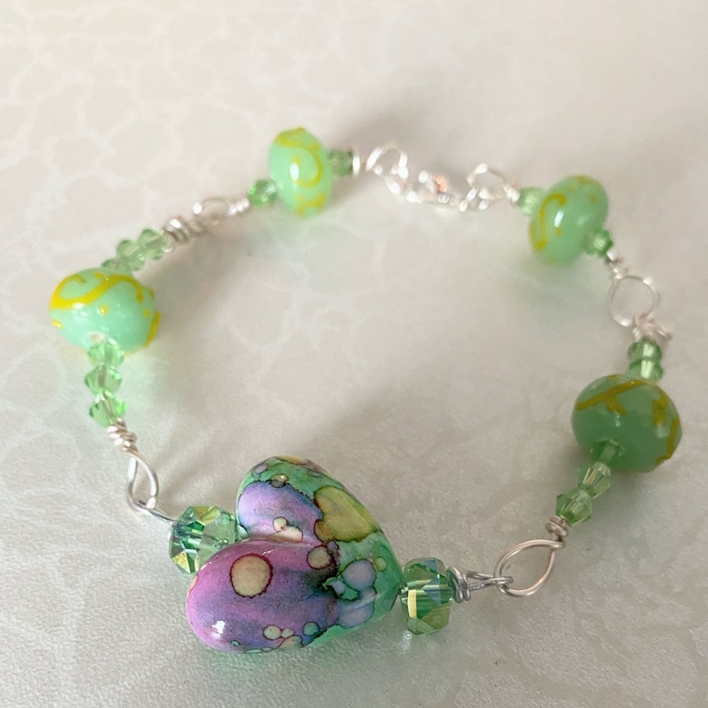 Handmade Green Multicolor Heart Bracelet with Lampwork Glass Beads